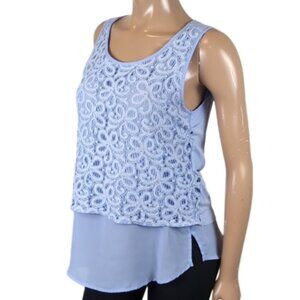 Alfred Sung Periwinkle Lace Sleeveless Top Floral Sheer Chiffon Tunic Hem Blouse
